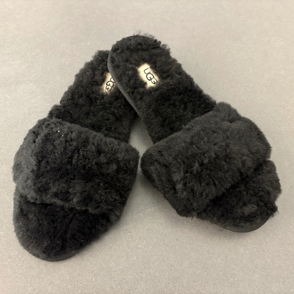 Size 8 - UGG Black Womens FLUFF SLIDES II Genuine Shearling Sandals Slippers - Picture 3 of 8